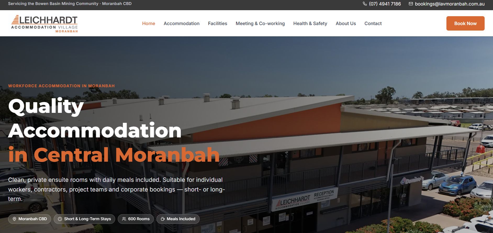 Leichhardt Accommodation Village homepage showing workforce accommodation in central Moranbah