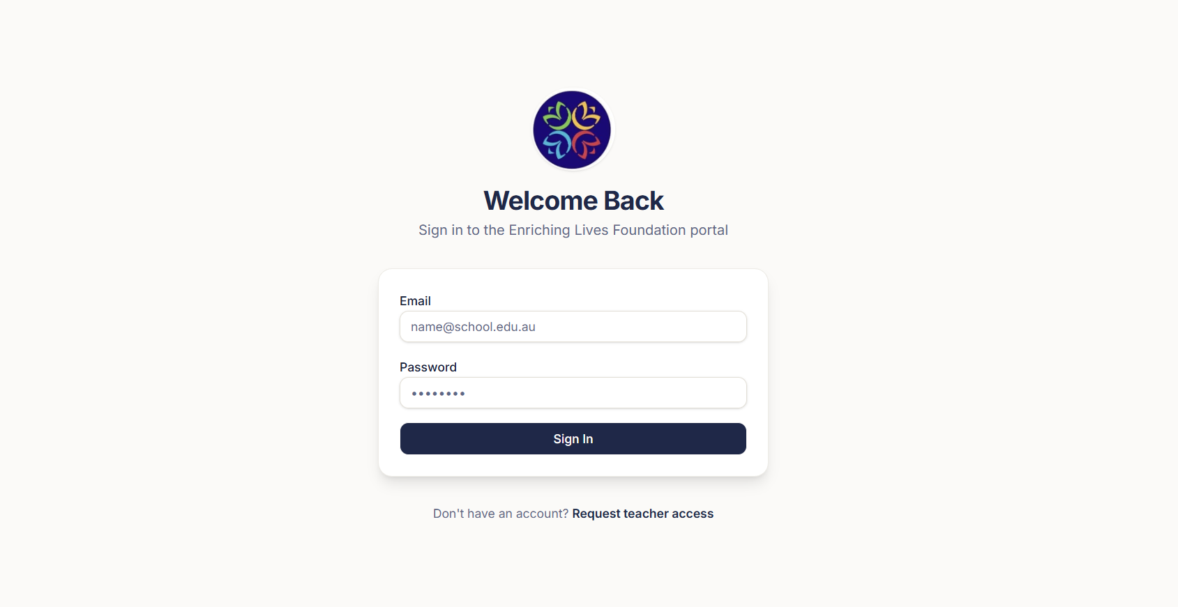 ELF Portal sign-in screen for the Enriching Lives Foundation funding-management portal