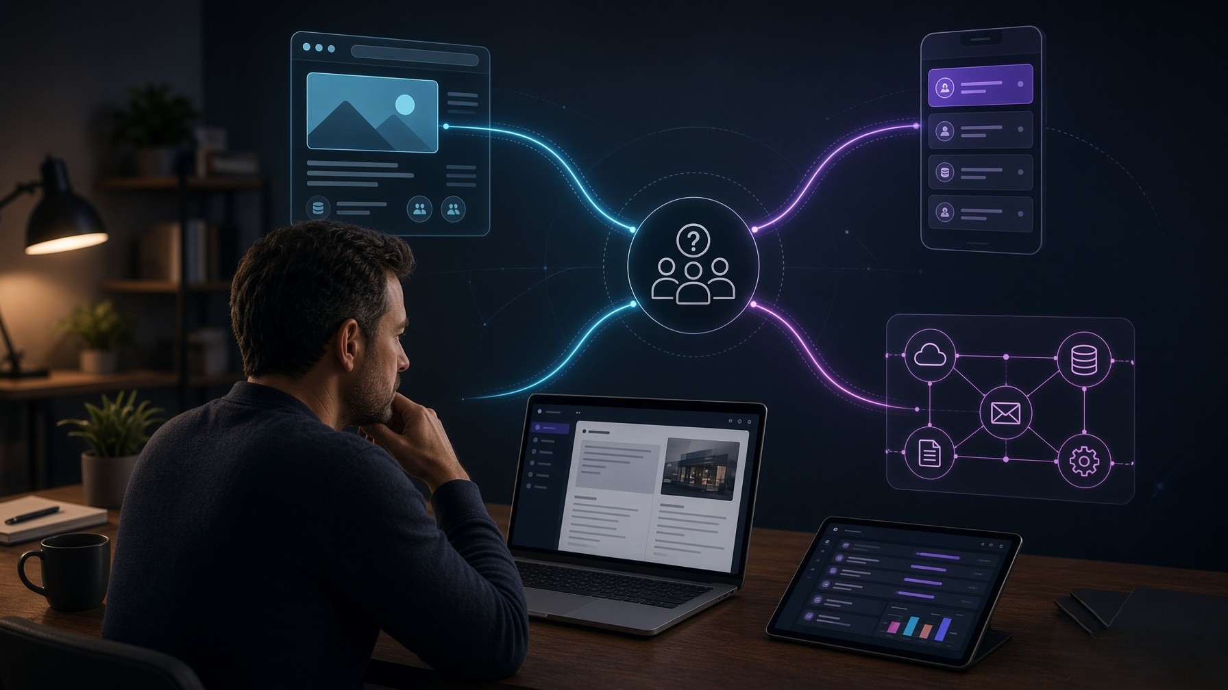 Business owner mapping a problem into website, app and automation options using a modern digital workflow.