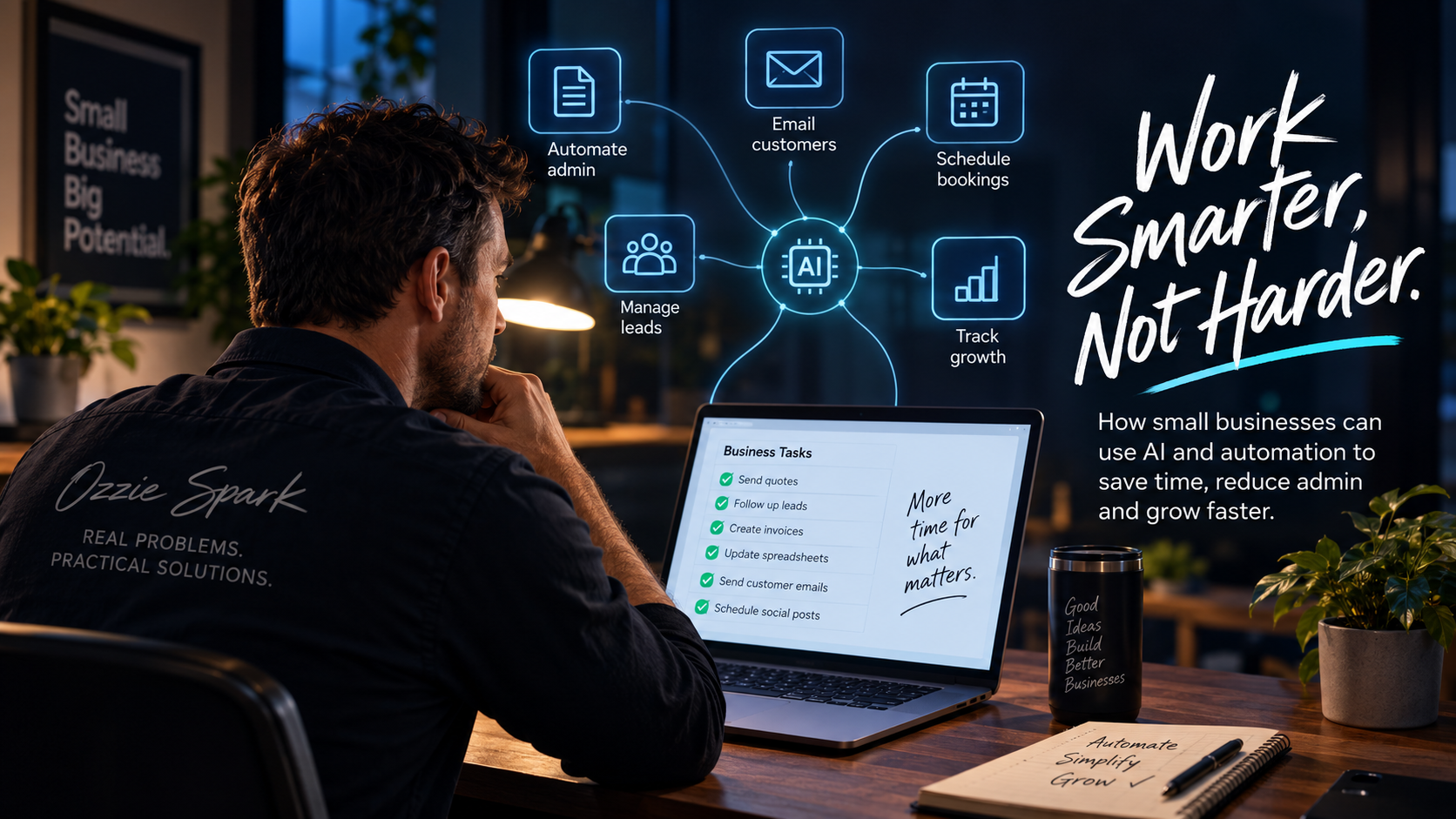 Small business owner using AI and automation tools to manage repetitive business tasks
