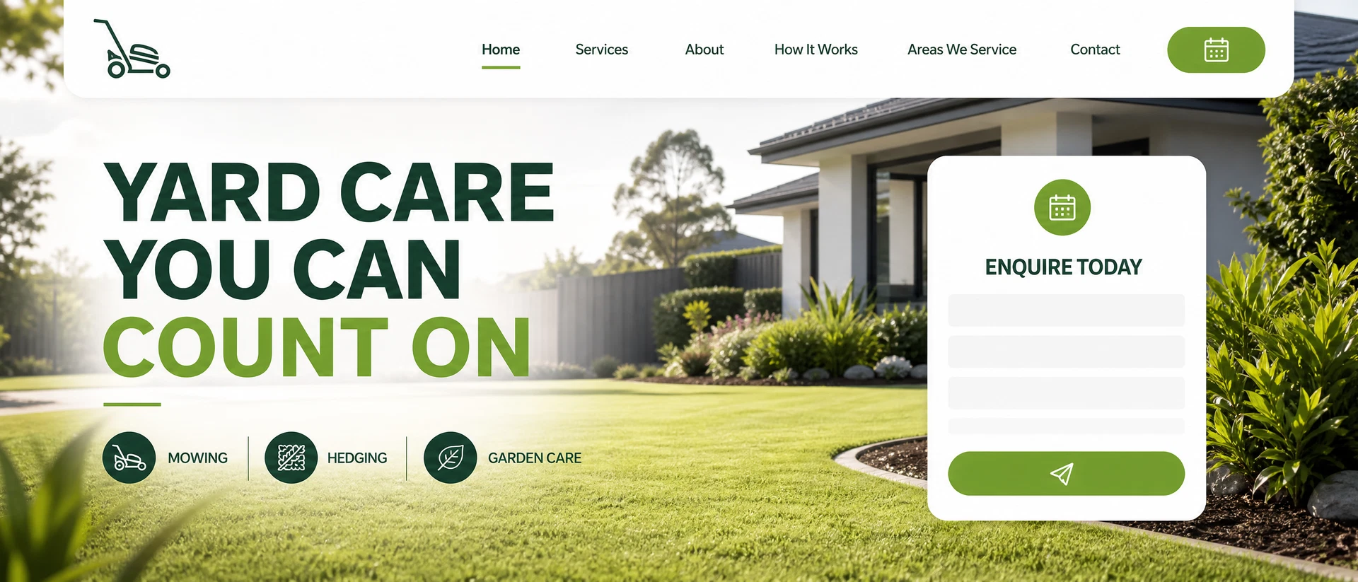 Representative local mowing and lawn care website concept with a landscaped garden service hero