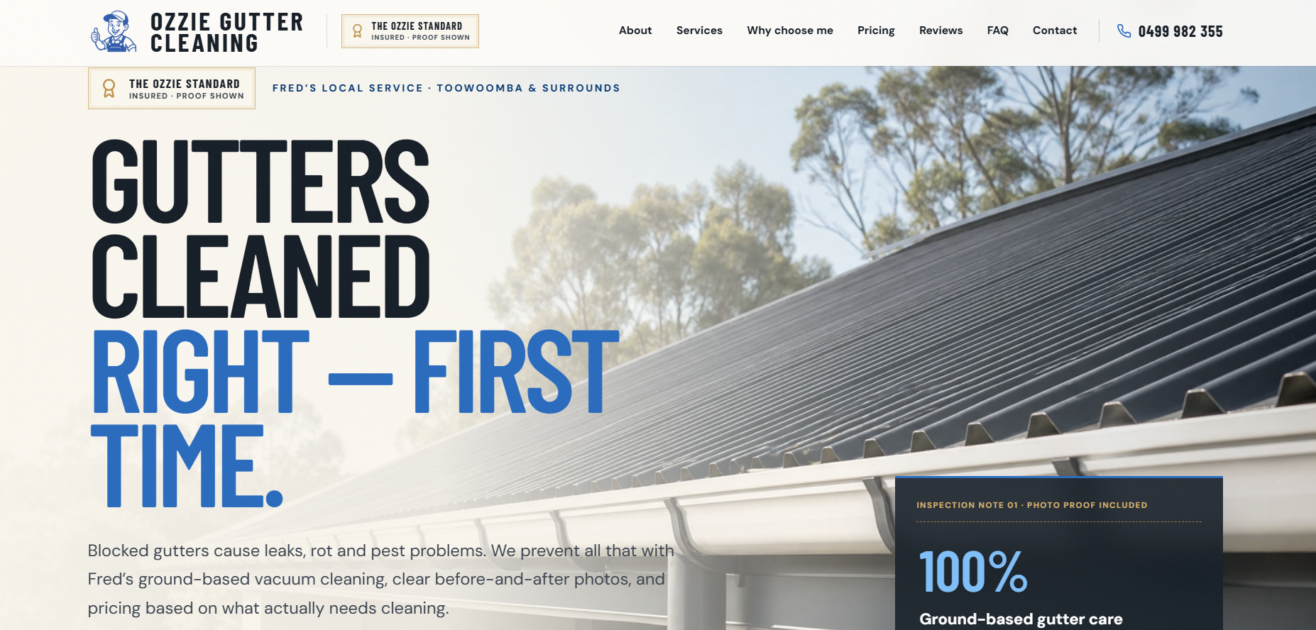 Ozzie Gutter Cleaning homepage showing gutter cleaning service information for Toowoomba and surrounds