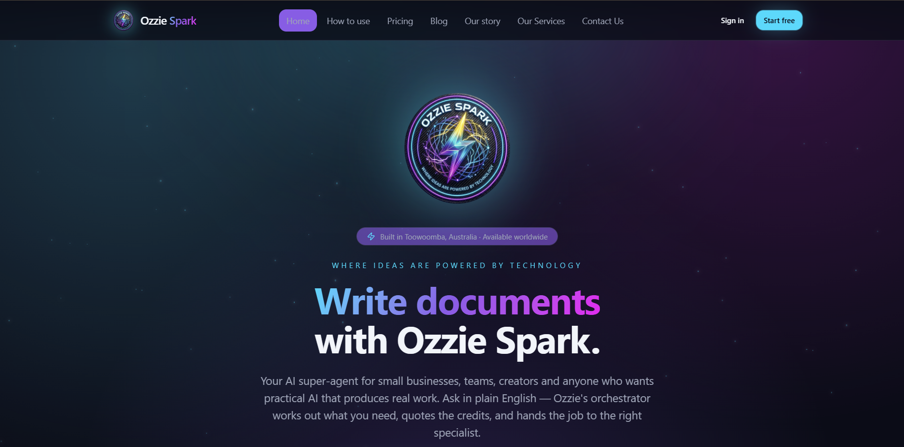 Ozzie Spark website homepage showing the Write documents with Ozzie Spark interface