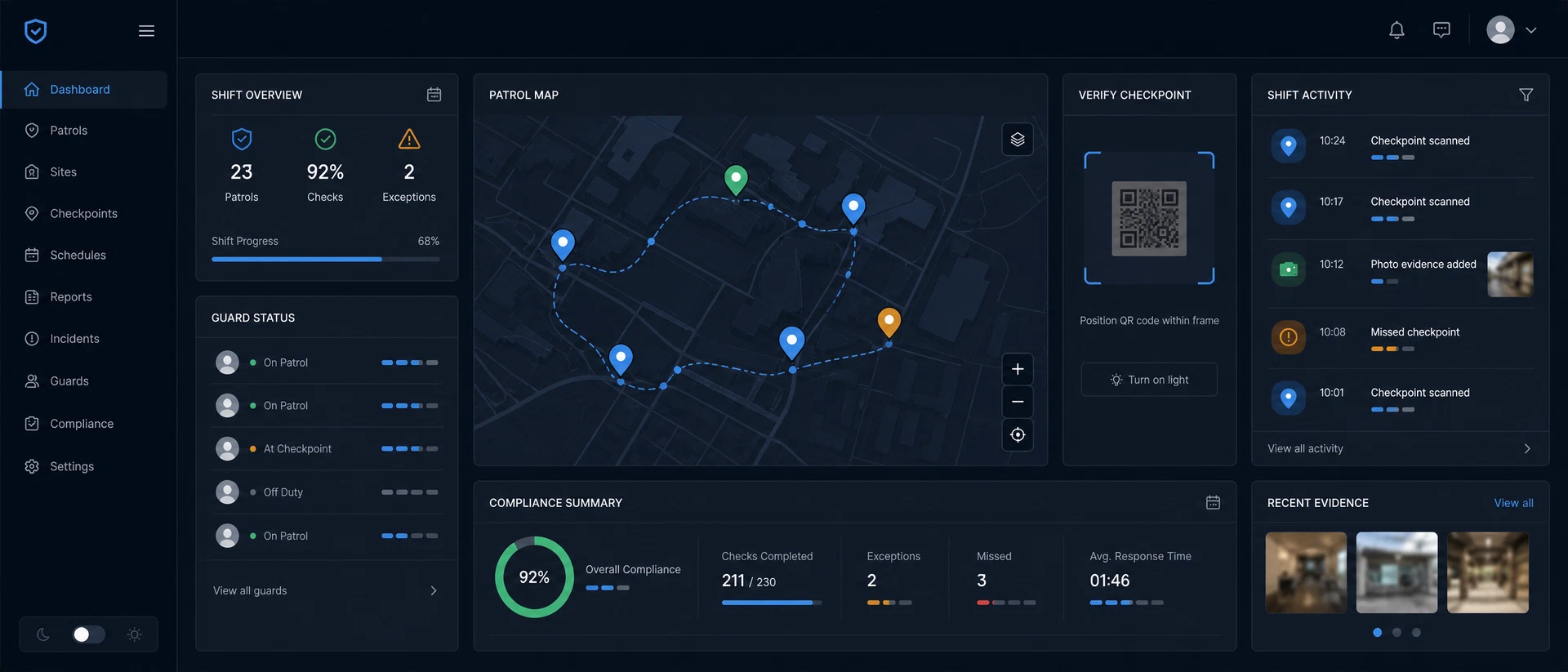 Representative security patrol verification application interface concept showing patrol activity and verification controls